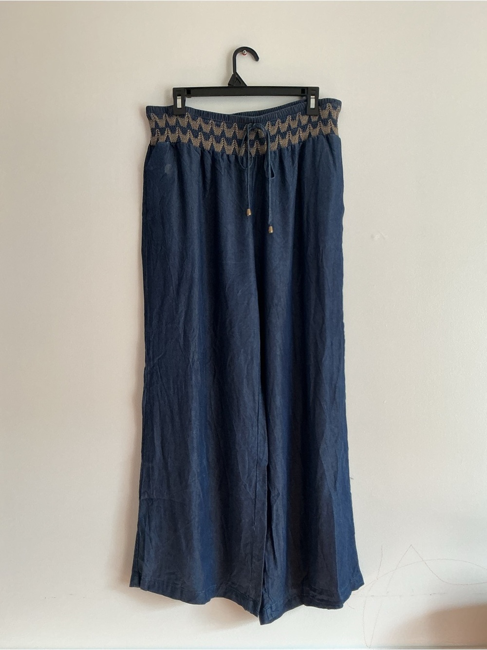 Wide Leg Navy Drawstring Pants with Decorative Waistband